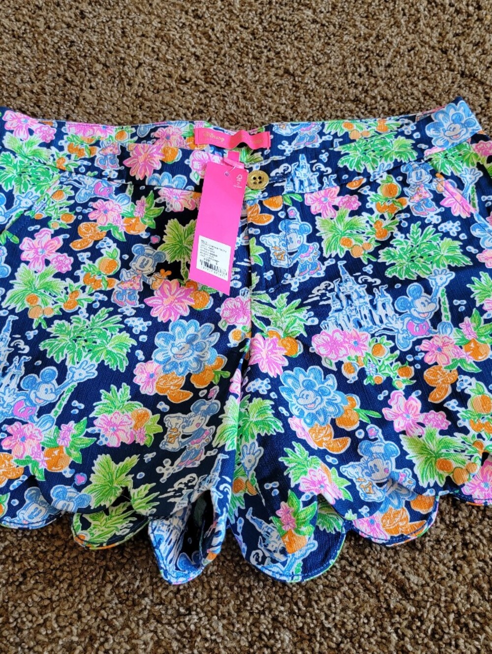 Lilly Pulitzer-Disney Navy Floral Scallop-Hem Shorts with Neon Accents Size 8 NW